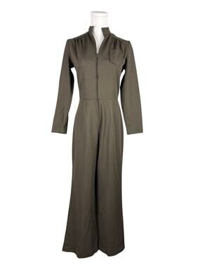 Vintage 70s Olive Green Flare Leg Front Zip Leisure Long Sleeve Jumpsuit S